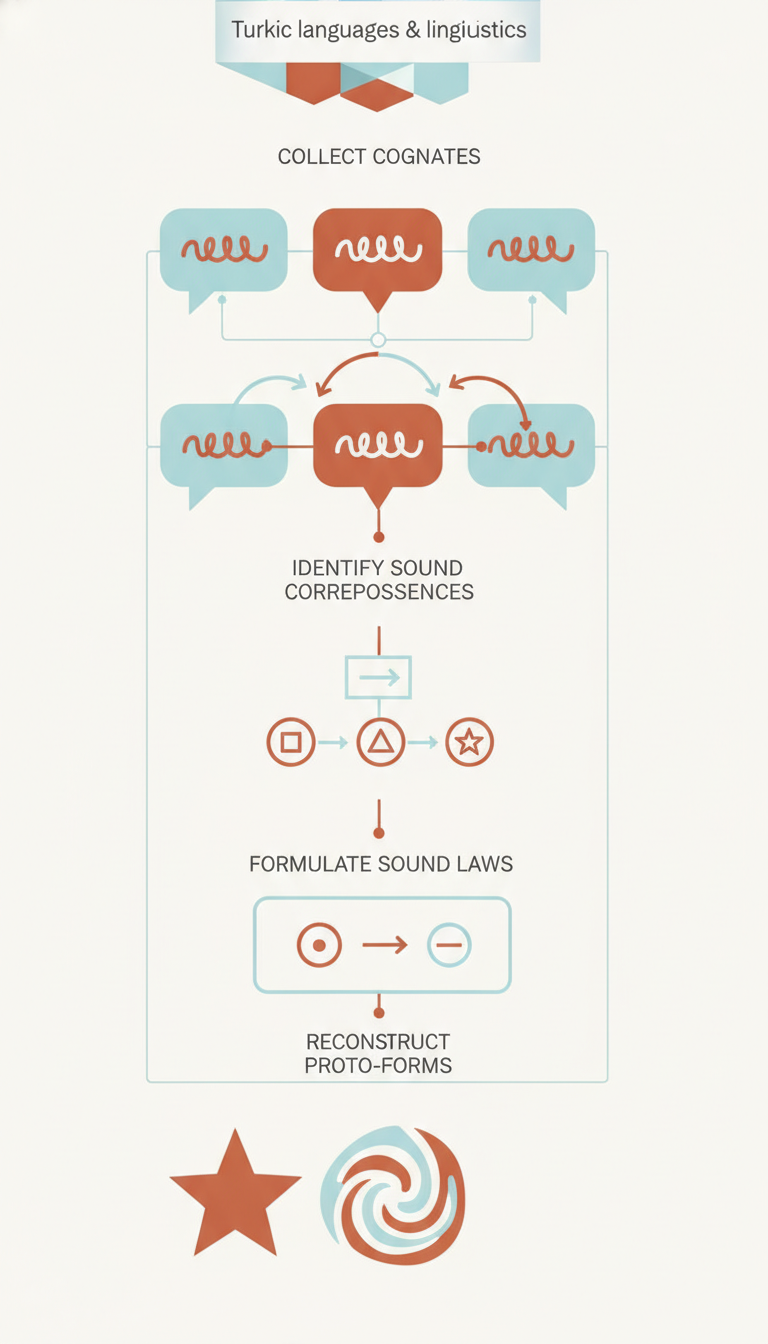 an infographic-style visual summary illustrating the steps of phonological reconstruction: 1. Collect Cognates (icons of