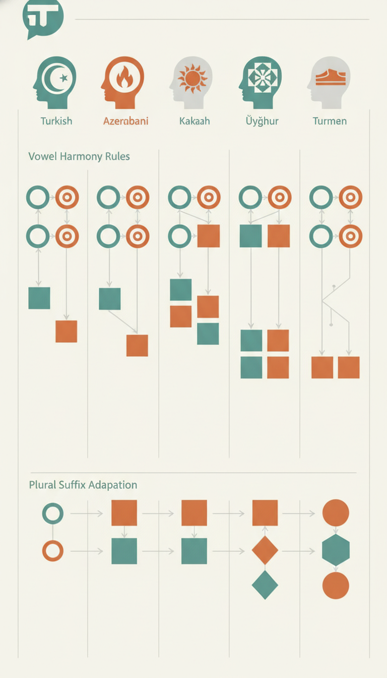 a comparative infographic showing the vowel harmony rules in Turkish, Azerbaijani, Kazakh, Uyghur, and Turkmen using ico